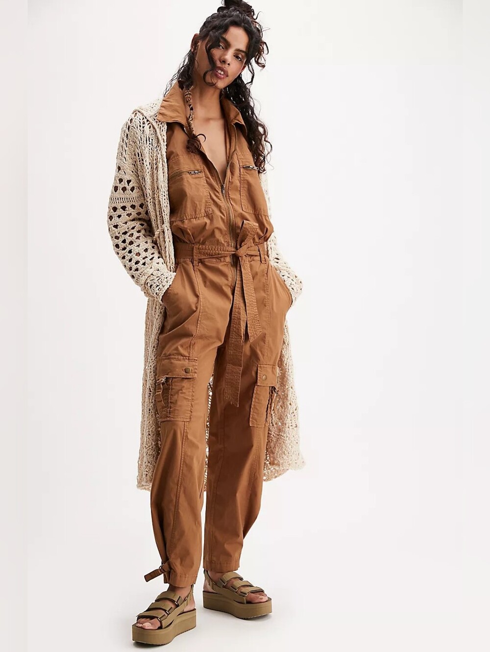 PISTOLA Aidy Cargo Jumpsuit Utility Romper Belted Brown Tan Sz Small Boho Fall